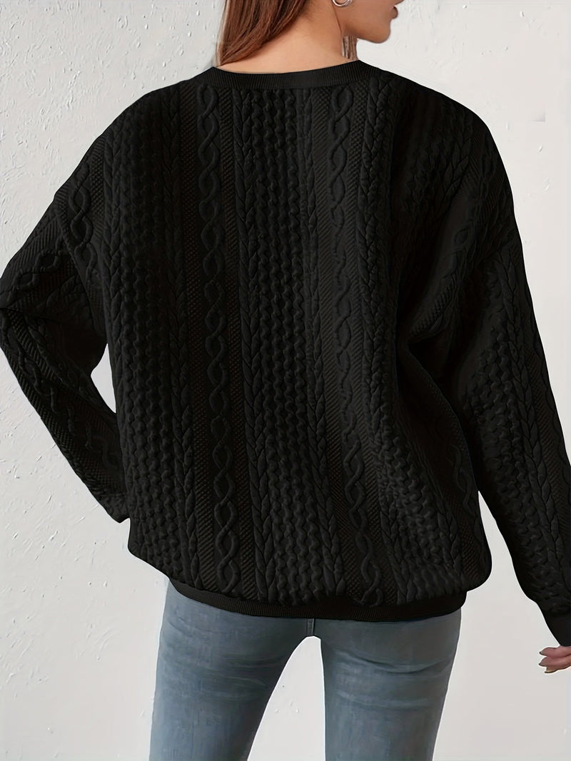 Cable Knit Sweatshirt for Women with Crew Neck and Drop Shoulders in Black, back view