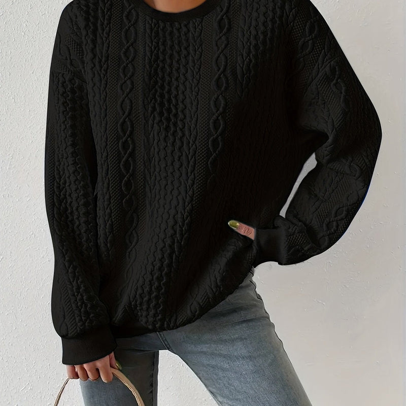 Cable Knit Sweatshirt for Women with Crew Neck and Drop Shoulders in Black, front view