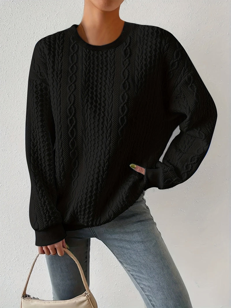 Cable Knit Sweatshirt for Women with Crew Neck and Drop Shoulders in Black, front view 2