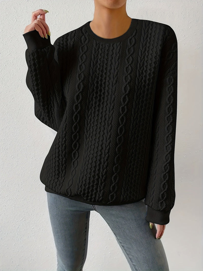 Cable Knit Sweatshirt for Women with Crew Neck and Drop Shoulders in Black, front view 3