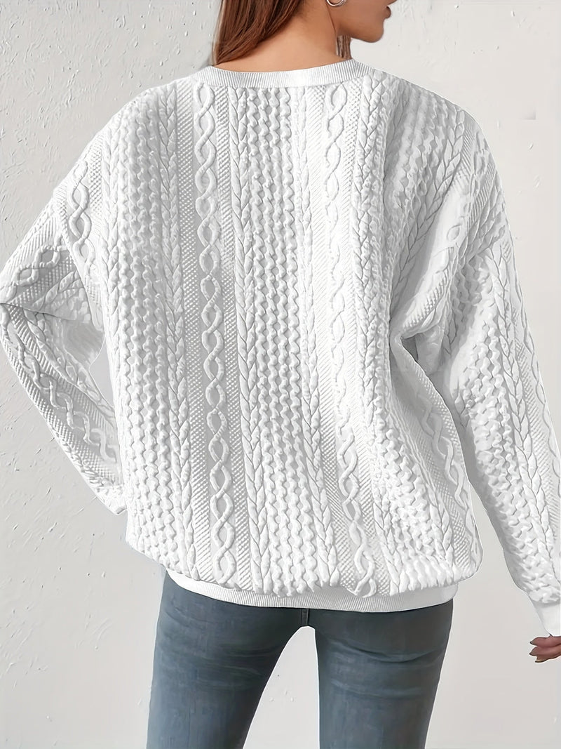 Cable Knit Sweatshirt for Women with Crew Neck and Drop Shoulders in White, back view