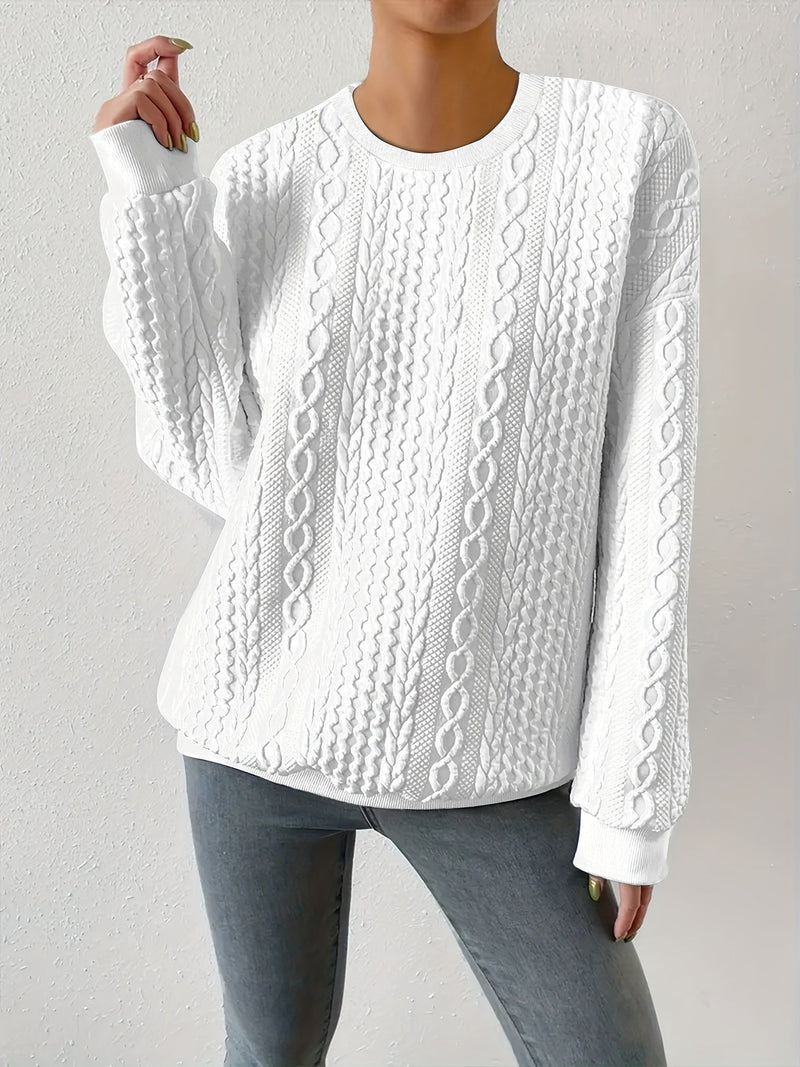 Cable Knit Sweatshirt for Women with Crew Neck and Drop Shoulders in White, front view 2