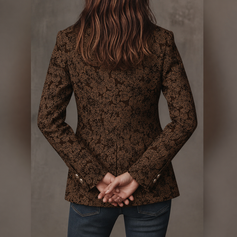 Floral Jacquard Blazer for Women with Notched Lapels and Flap Pockets in Brown, back view