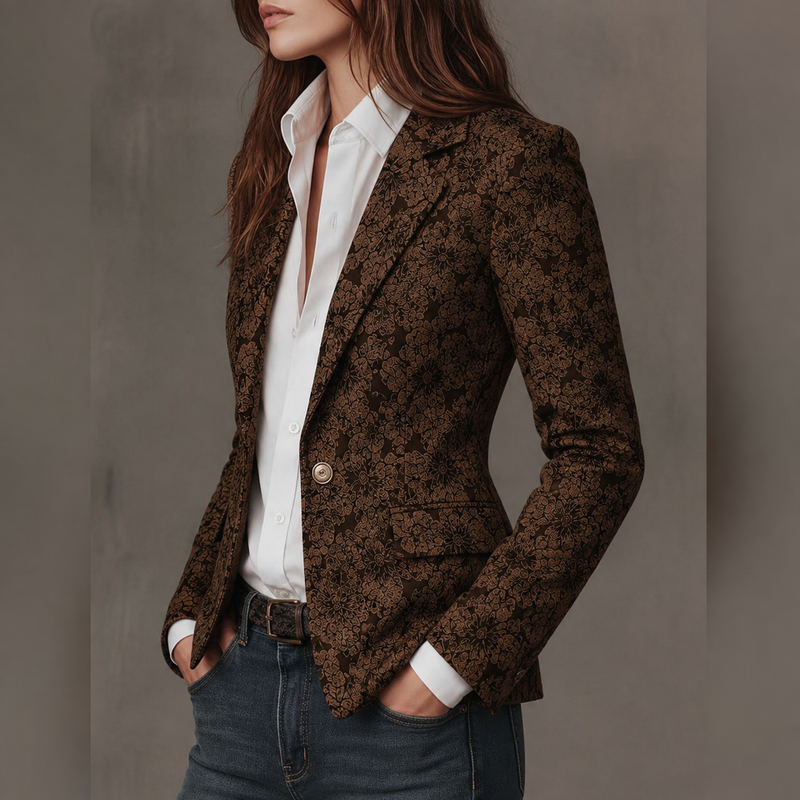 Floral Jacquard Blazer for Women with Notched Lapels and Flap Pockets in Brown, three-quarter view