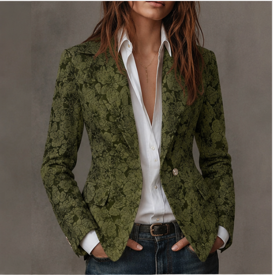 Floral Jacquard Blazer for Women with Notched Lapels and Flap Pockets in Green, front view