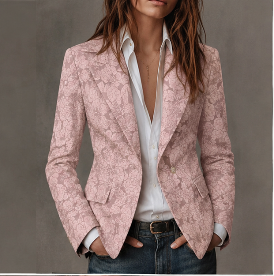 Floral Jacquard Blazer for Women with Notched Lapels and Flap Pockets in Pink, front view