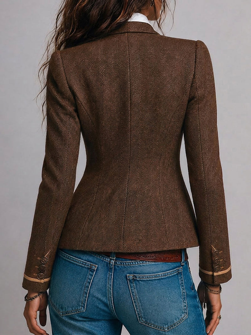 Fitted Herringbone Blazer for Women with Contrast Trim and Flap Pockets in Brown, back view