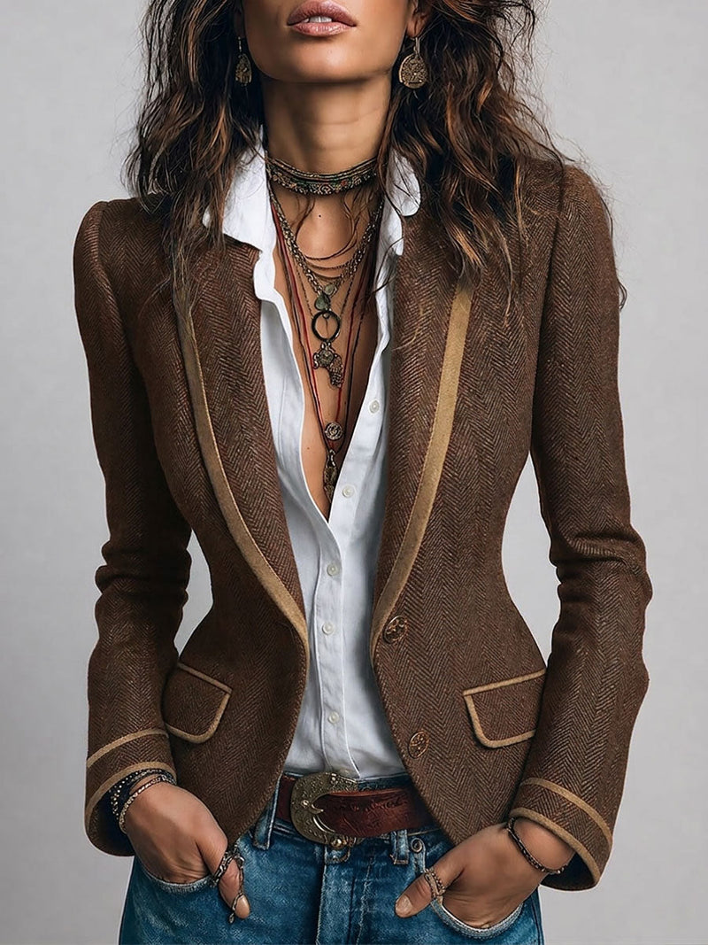 Fitted Herringbone Blazer for Women with Contrast Trim and Flap Pockets in Brown, front view