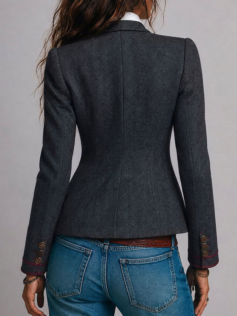 Fitted Herringbone Blazer for Women with Contrast Trim and Flap Pockets in Dark Gray, back view