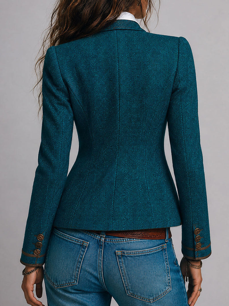 Fitted Herringbone Blazer for Women with Contrast Trim and Flap Pockets in Teal, back view