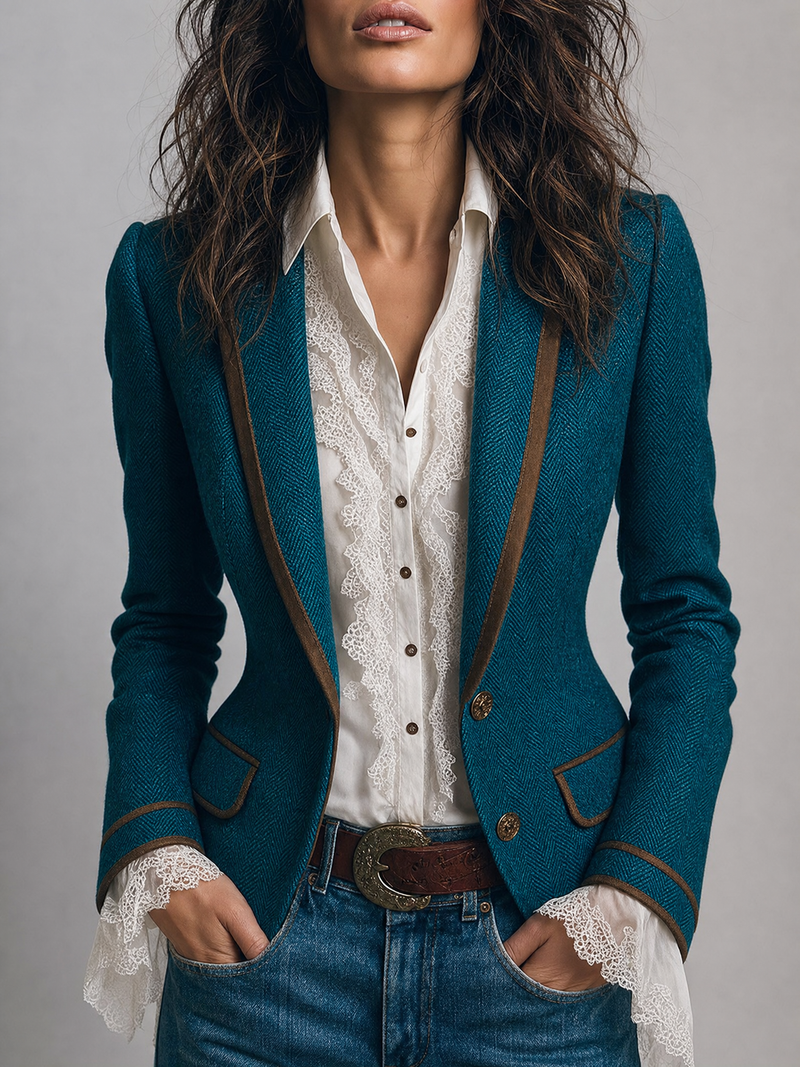 Fitted Herringbone Blazer for Women with Contrast Trim and Flap Pockets in Teal, front view with lace blouse