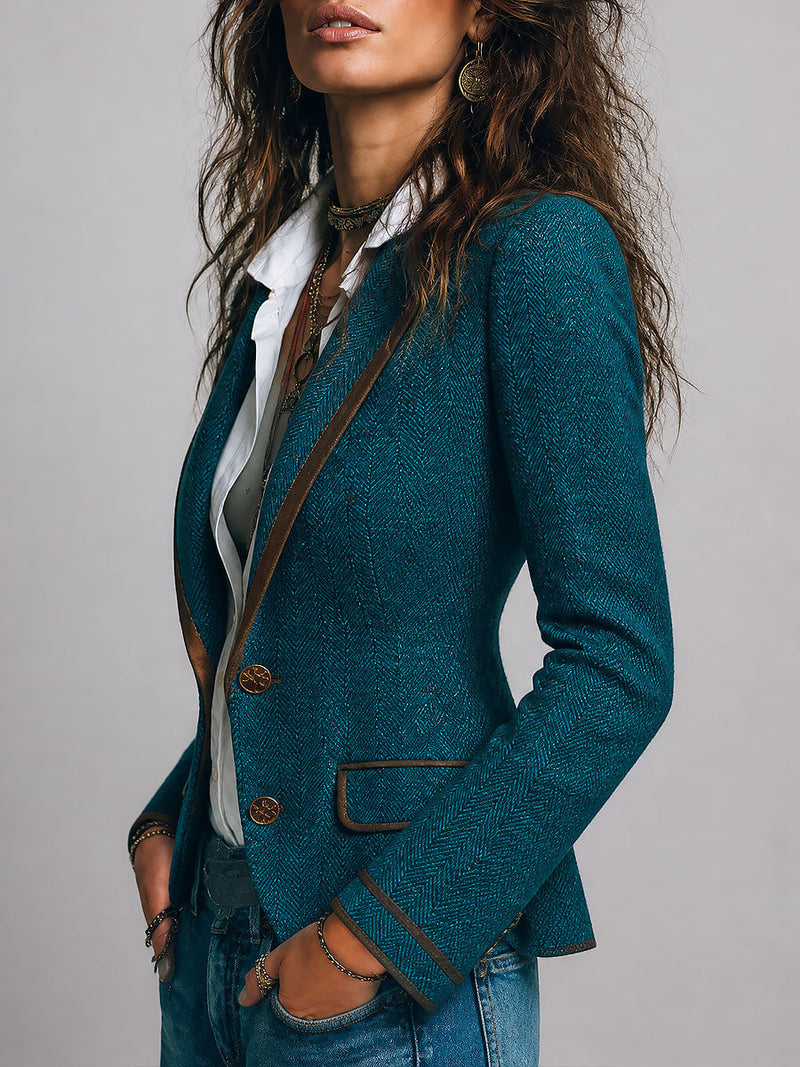 Fitted Herringbone Blazer for Women with Contrast Trim and Flap Pockets in Teal, side view