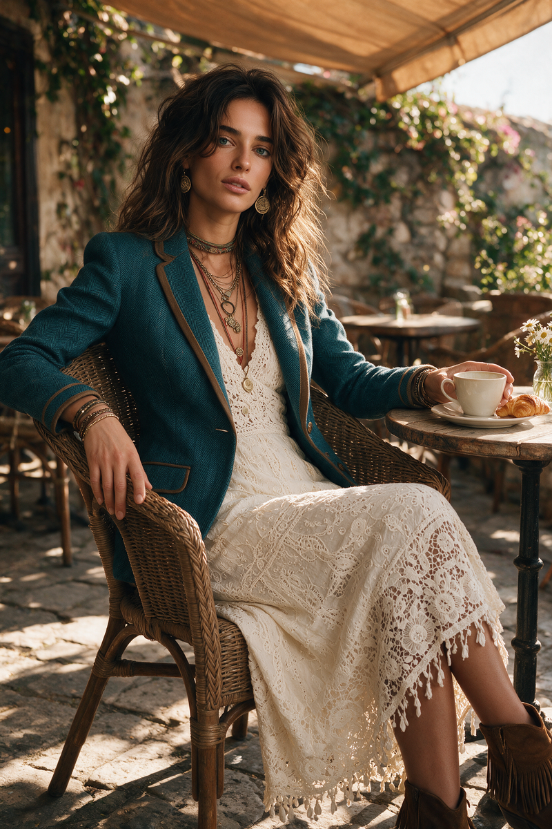 Fitted Herringbone Blazer for Women with Contrast Trim and Flap Pockets in Teal, styled cafe view