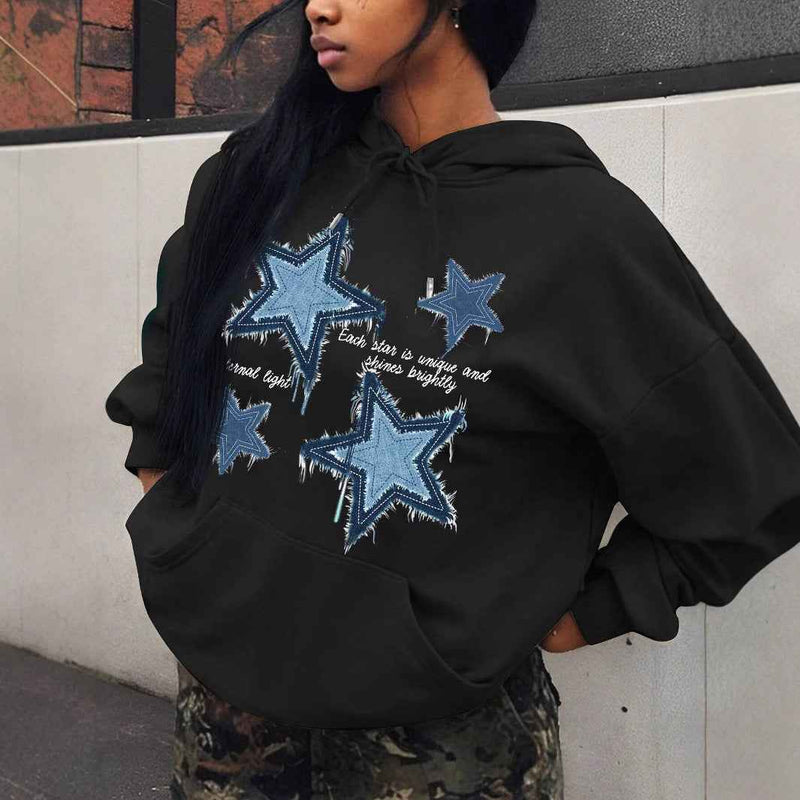 Star Print Pullover Hoodie for Women with Kangaroo Pocket in Black Blue, front view