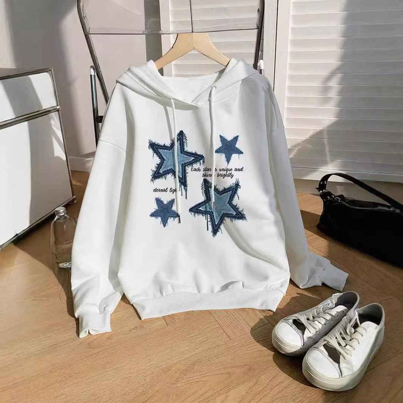 Star Print Pullover Hoodie for Women with Kangaroo Pocket in White Blue, hanging view