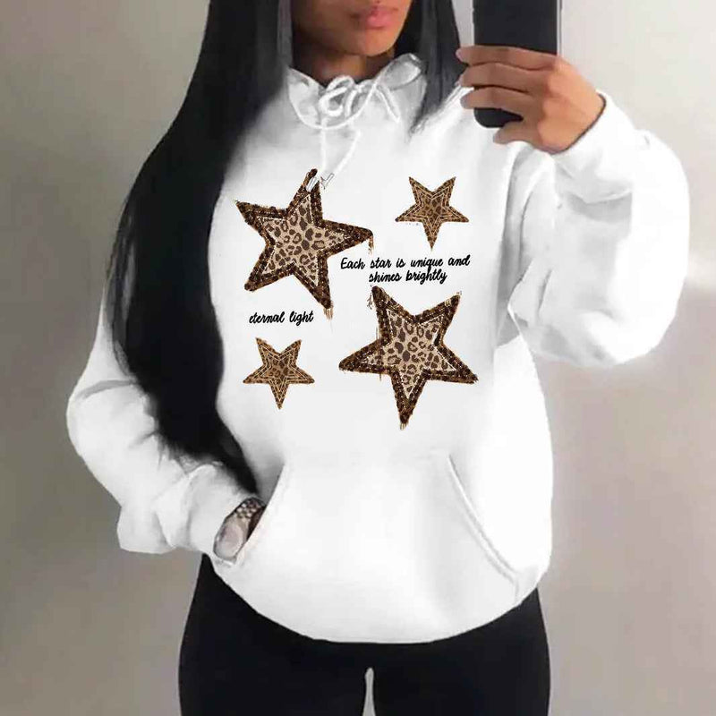 Star Print Pullover Hoodie for Women with Kangaroo Pocket in White Leopard, front view