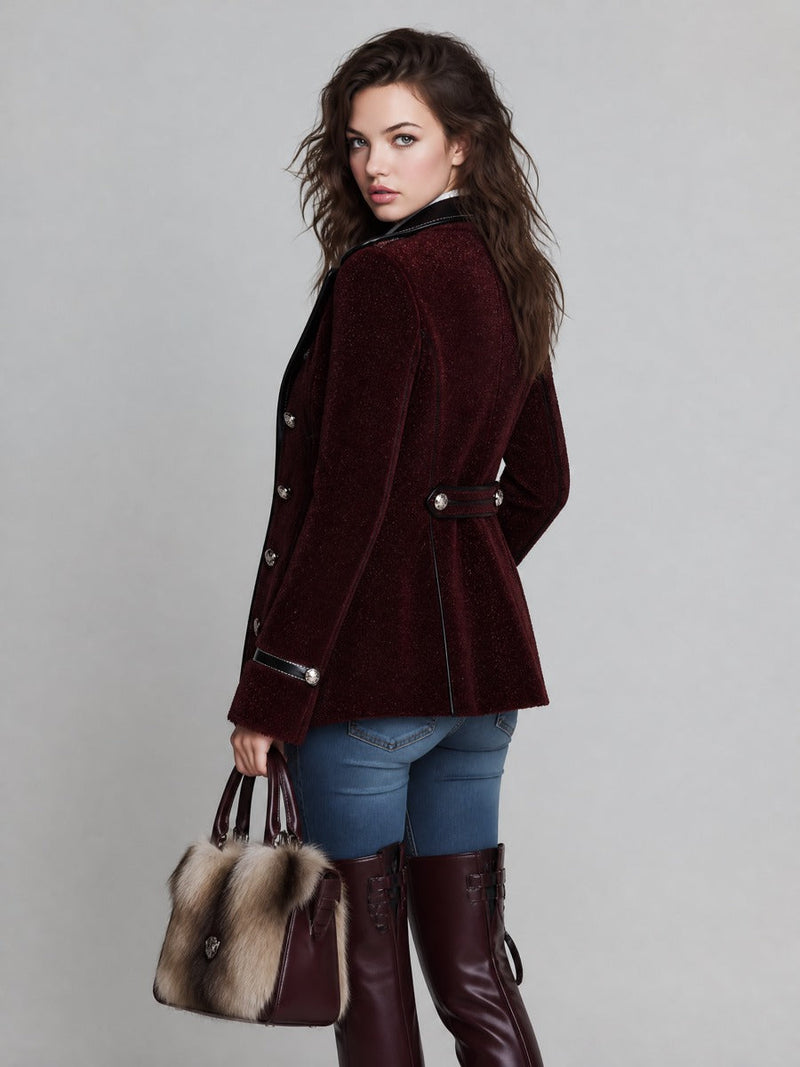 Double Breasted Blazer for Women with Contrast Trim and Cuff Tabs in Burgundy, back view