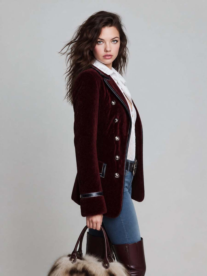 Double Breasted Blazer for Women with Contrast Trim and Cuff Tabs in Burgundy, side view
