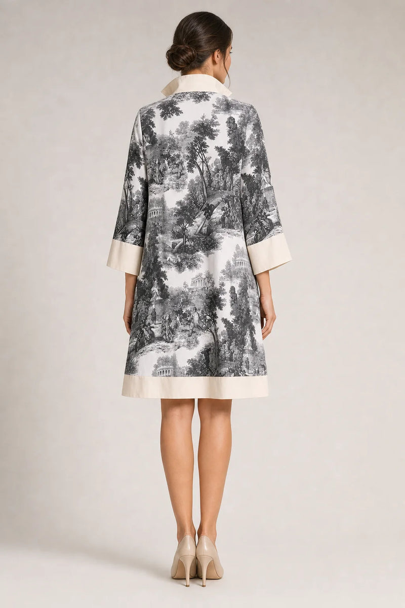 Sofaine Grace women's vintage toile print mini dress in Black and White, back view on model