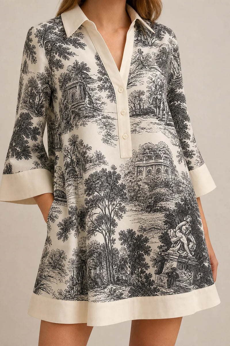 Sofaine Grace women's vintage toile print mini dress in Black and White, toile print and cream placket detail on worn dress