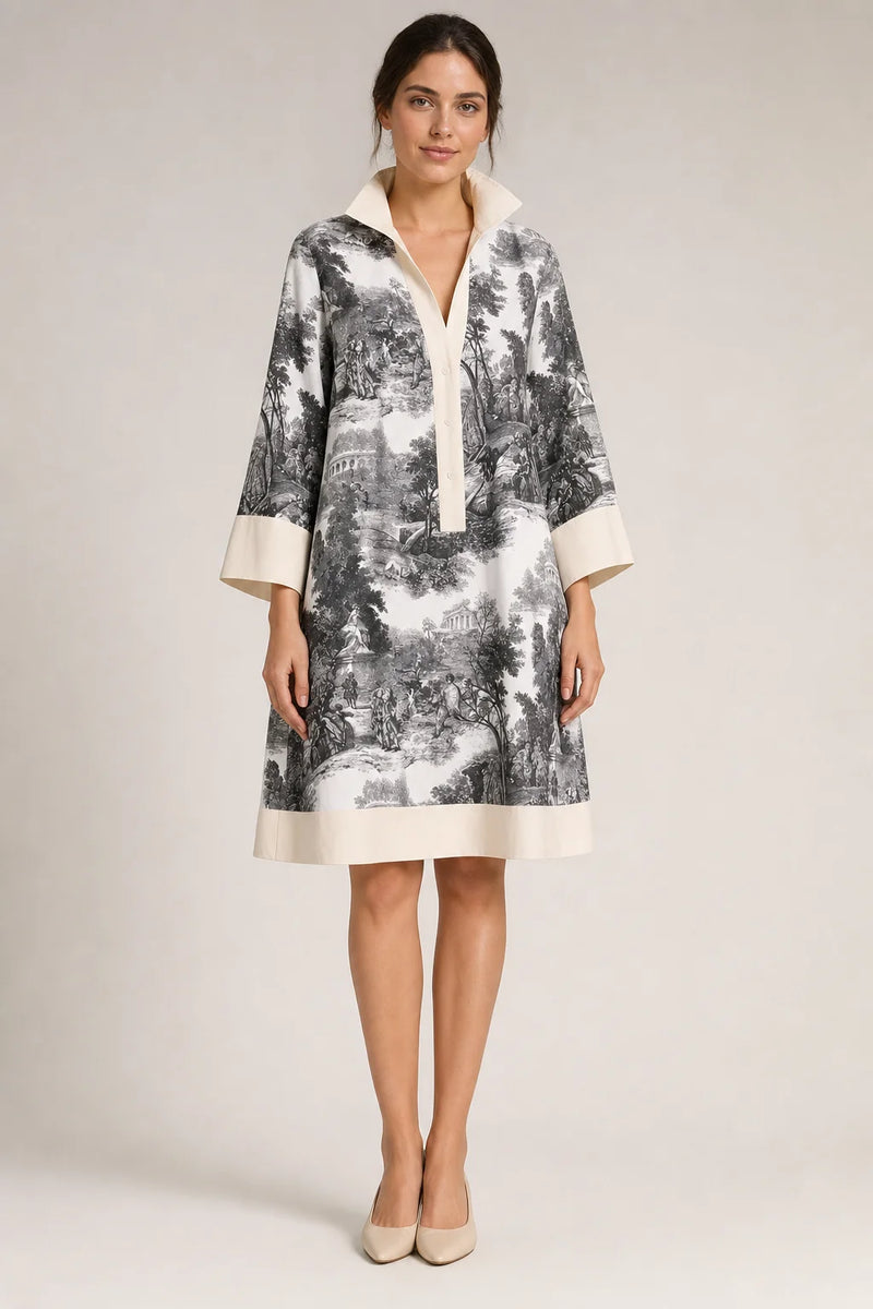Sofaine Grace women's vintage toile print mini dress in Black and White, worn front hero