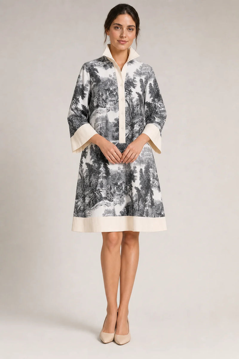 Sofaine Grace women's vintage toile print mini dress in Black and White, styled full look on model