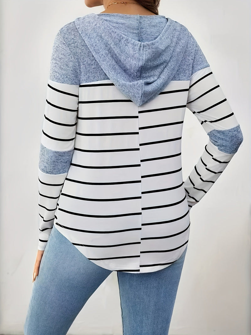Striped Maternity Hoodie for Women with Color Block Yoke and Curved Hem in Blue White Stripe, back view