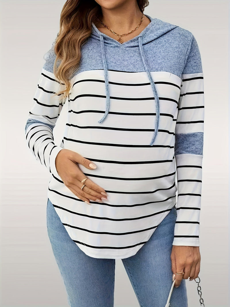 Striped Maternity Hoodie for Women with Color Block Yoke and Curved Hem in Blue White Stripe, front view 3