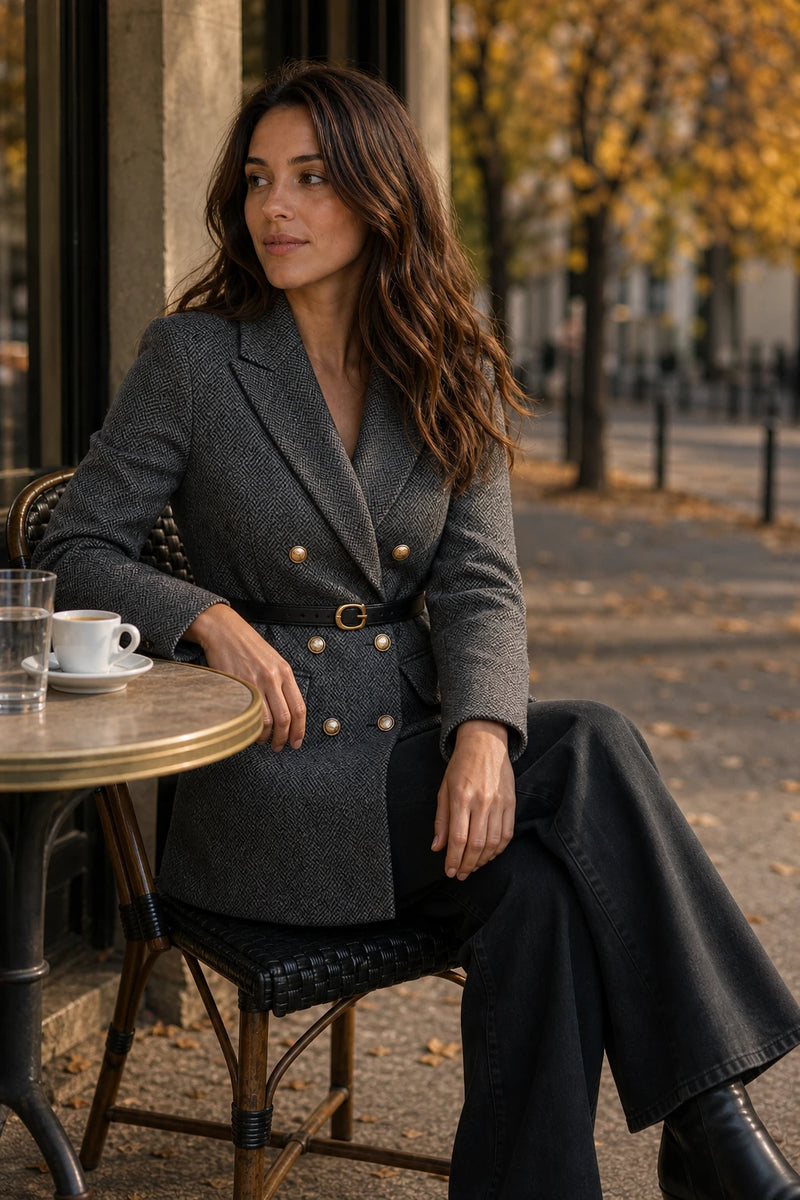SOFAINE-V7-LIFE-Hailey | Belted Tweed Blazer in Gray, café scene