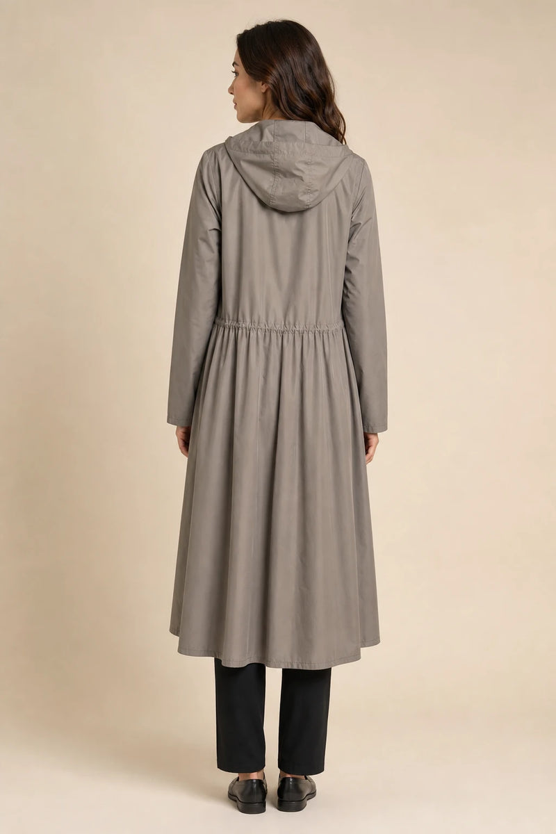 Gretchen | Hooded Zip-Up Coat in Gray, studio back view