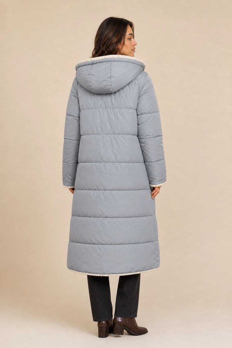 Celine | Hooded Puffer Coat in Gray, studio back view