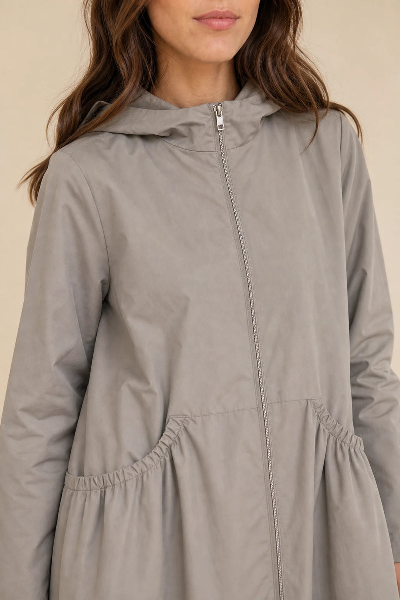 Gretchen | Hooded Zip-Up Coat in Gray, fabric close-up