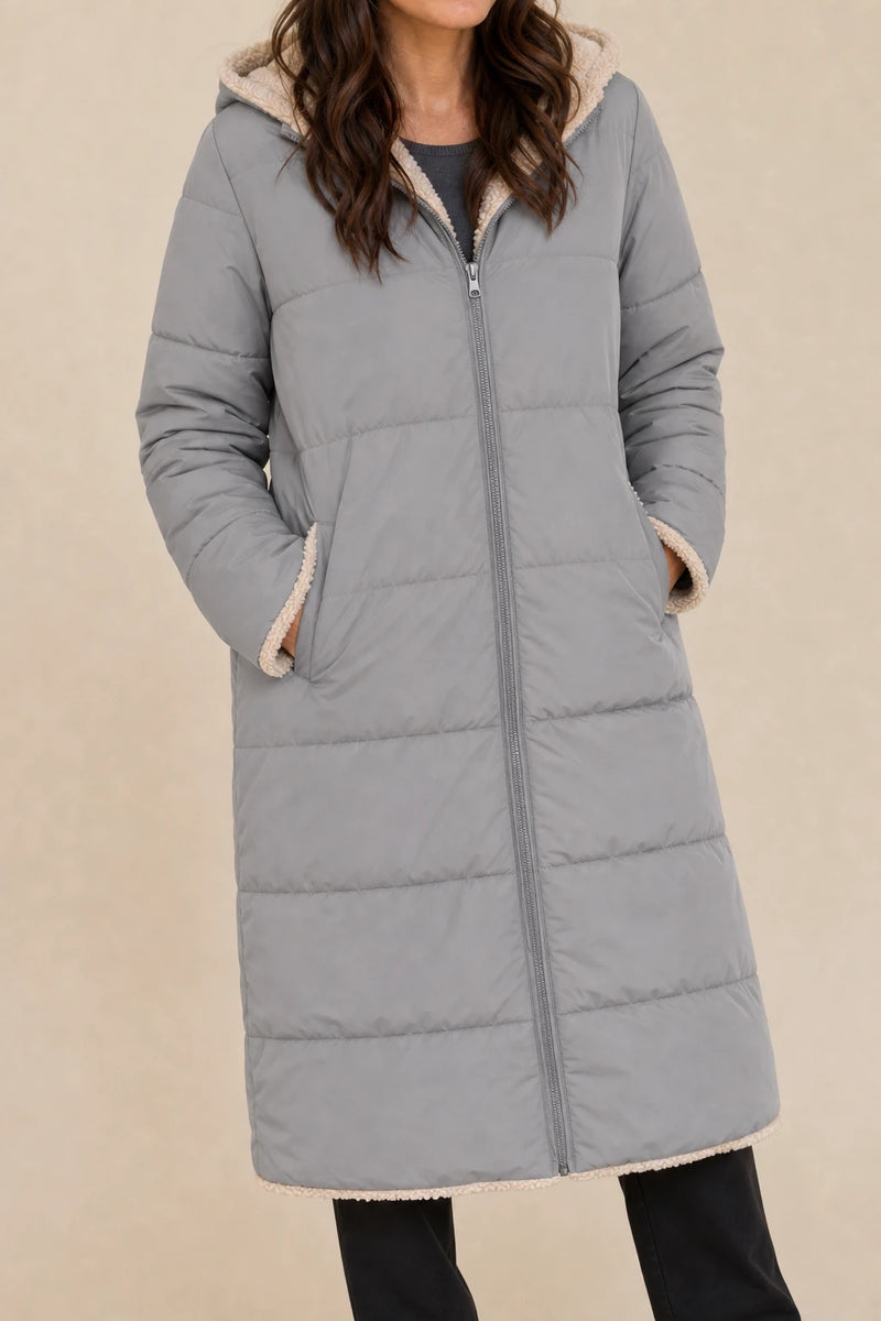 Celine | Hooded Puffer Coat in Gray, fabric close-up