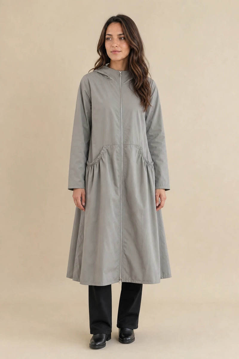 Gretchen | Hooded Zip-Up Coat in Gray, studio front view