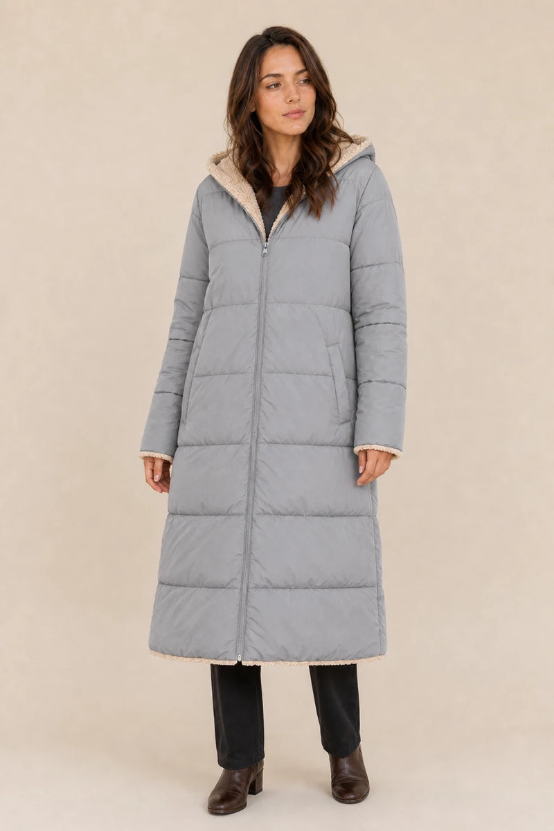 Celine | Hooded Puffer Coat in Gray, studio front view