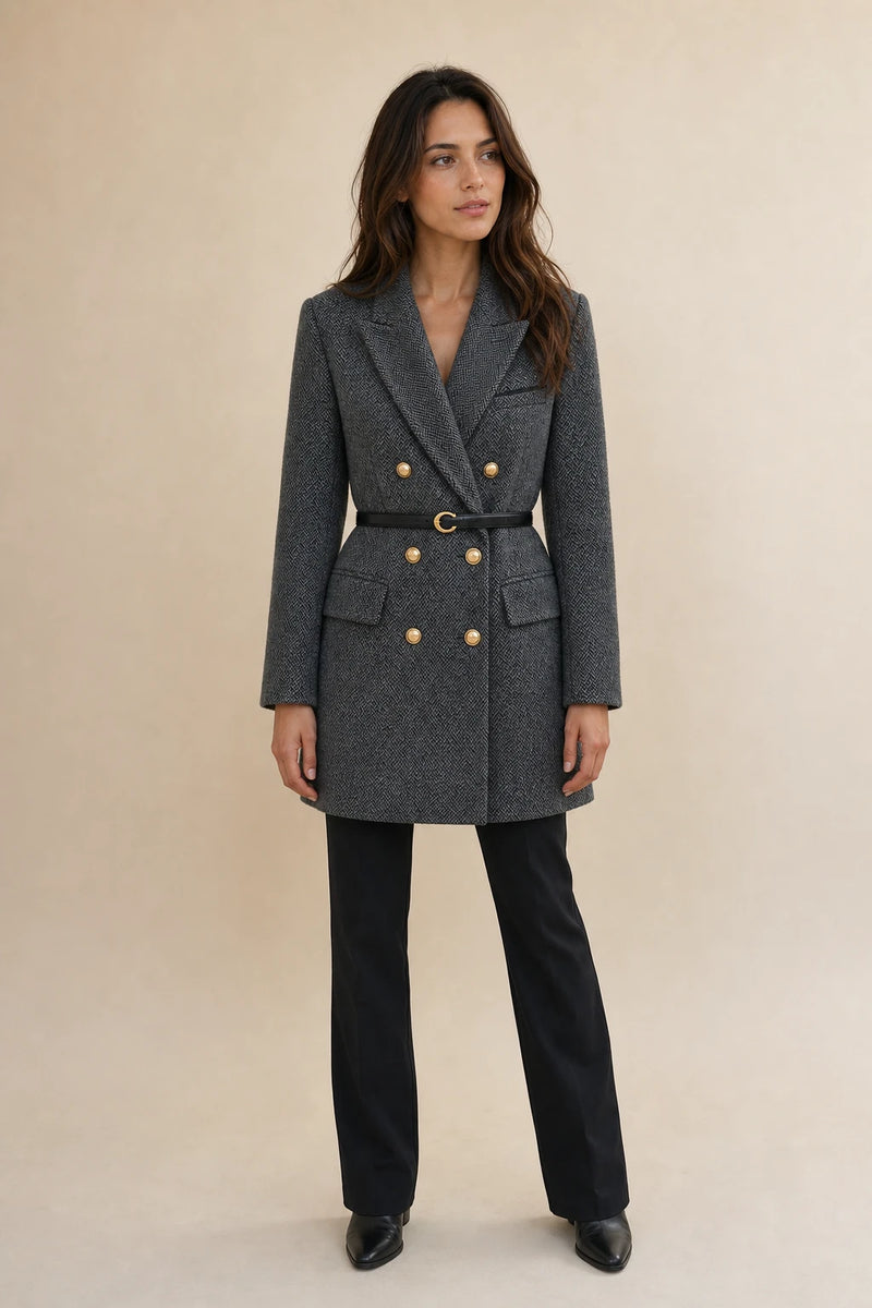 Hailey | Belted Tweed Blazer in Gray, studio front view