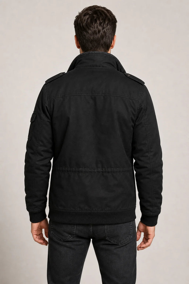 Sofaine Grayson men's fleece-lined winter field jacket in Black, back view