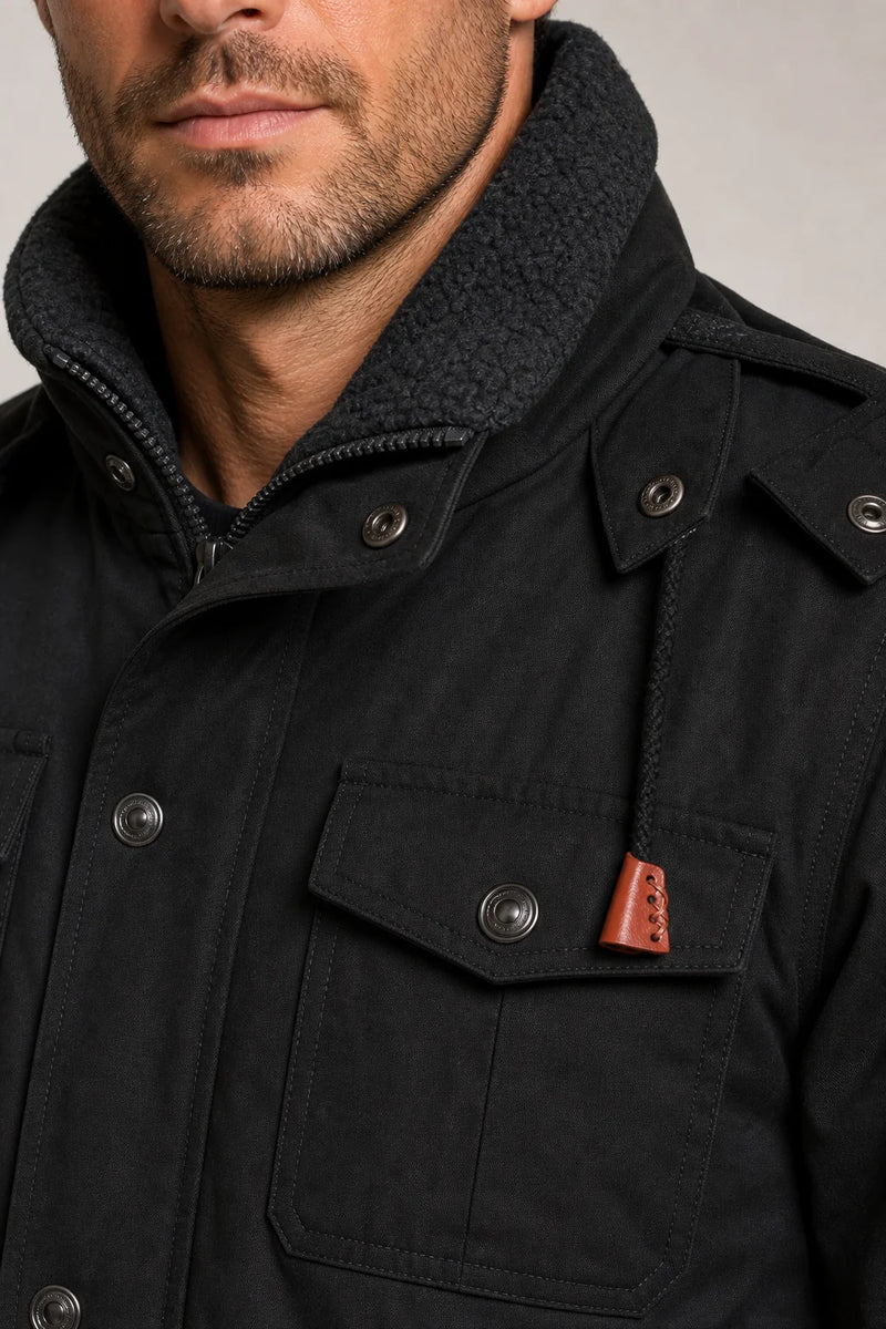 Sofaine Grayson men's fleece-lined winter field jacket in Black, sherpa collar and pocket detail