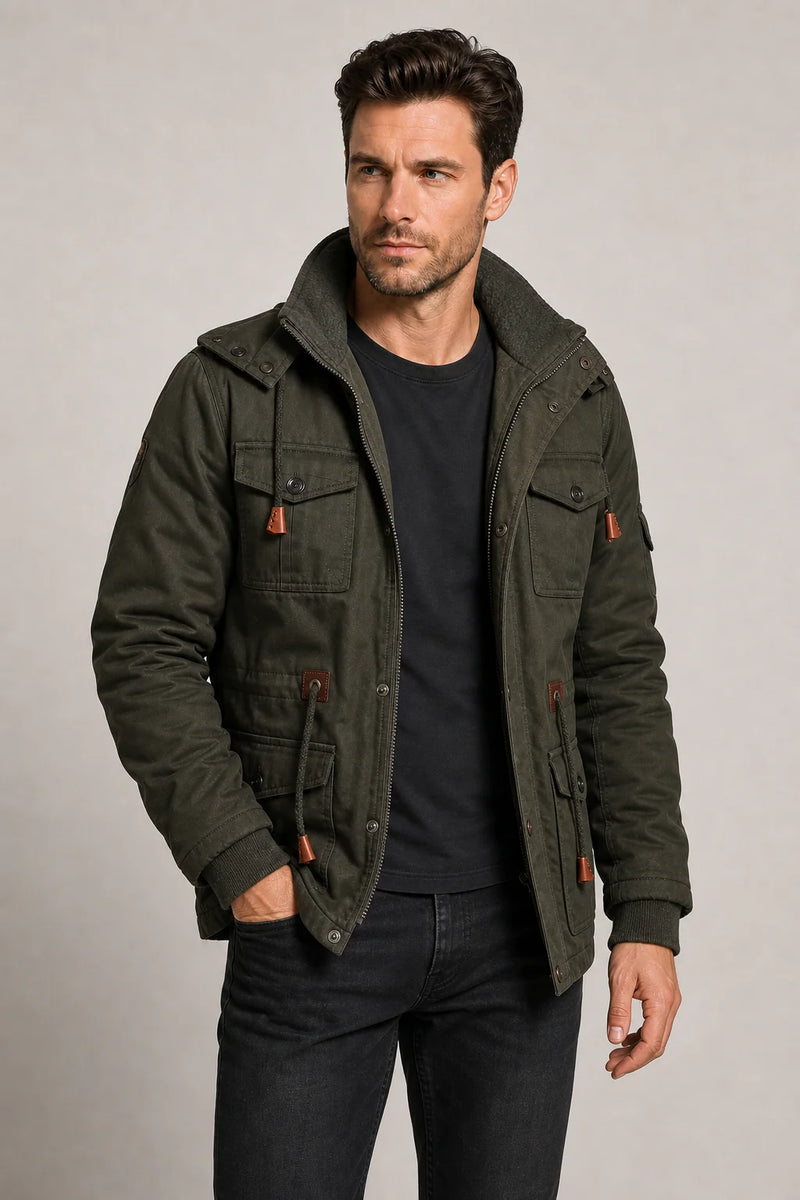Sofaine Grayson men's fleece-lined winter field jacket in Green, worn on model