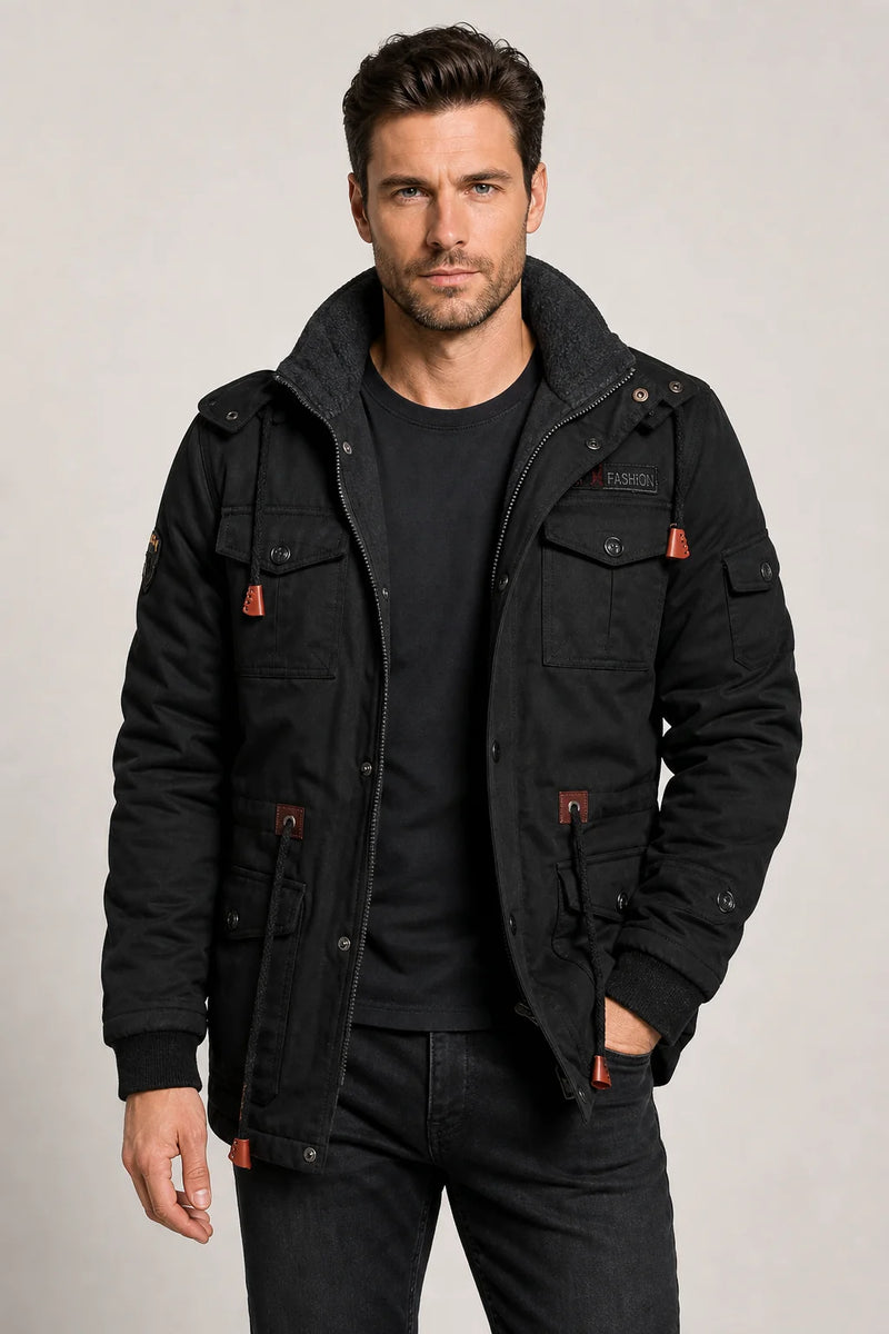 Sofaine Grayson men's fleece-lined winter field jacket in Black, worn hero front