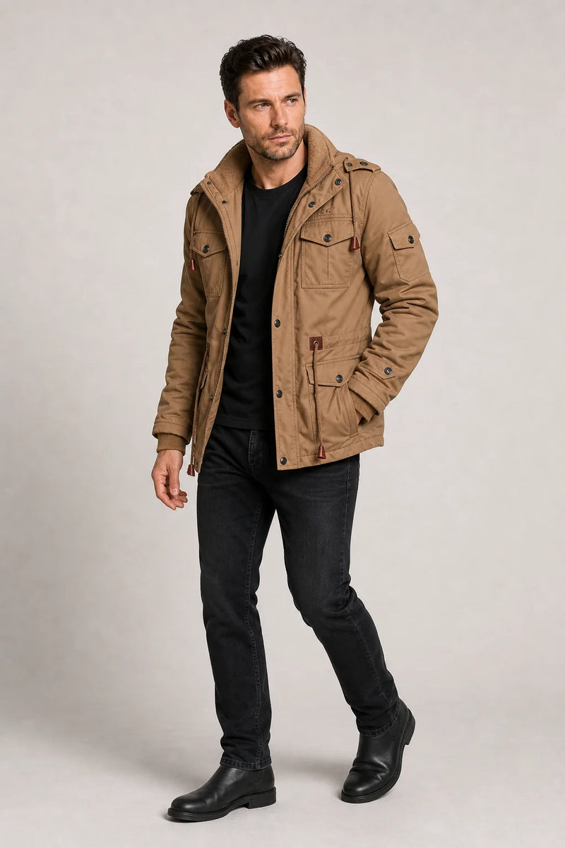 Sofaine Grayson men's fleece-lined winter field jacket in Khaki, worn on model