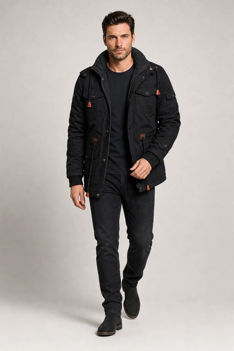 Sofaine Grayson men's fleece-lined winter field jacket in Black, styled full look