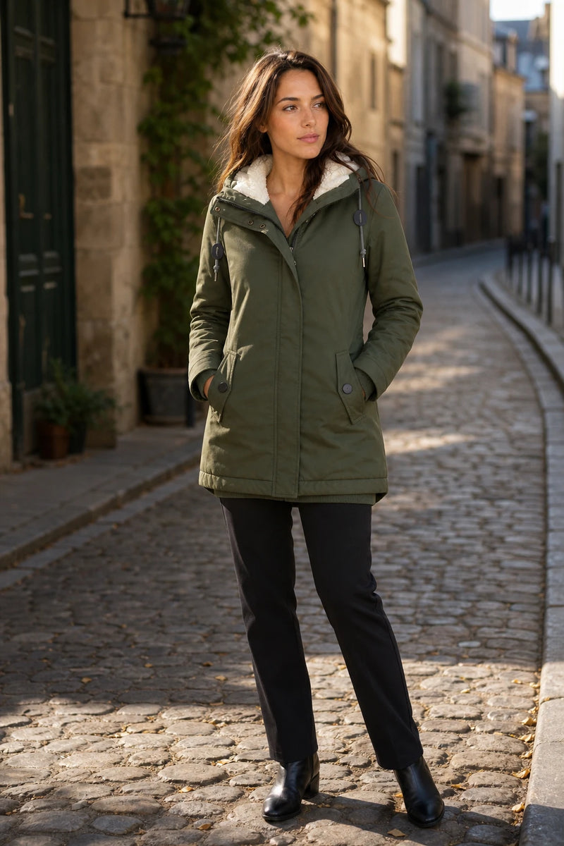 SOFAINE-V7-LIFE-Frankie | Hooded Fleece-Lined Coat in Green, street-style view