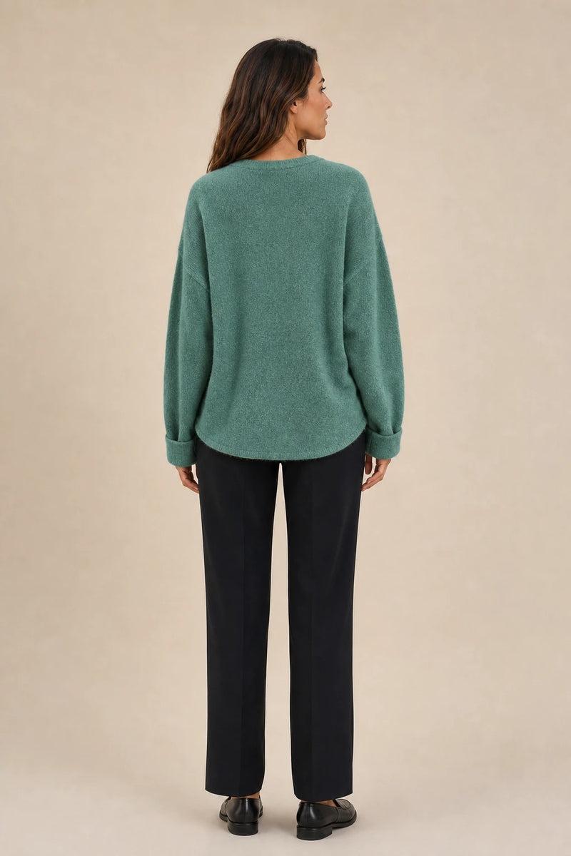 Ramona | Button-Front Cardigan in Green, studio back view