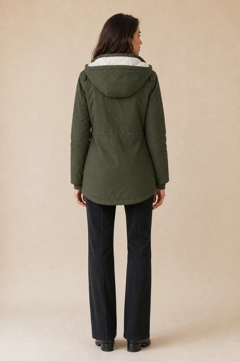 Frankie | Hooded Fleece-Lined Coat in Green, studio back view