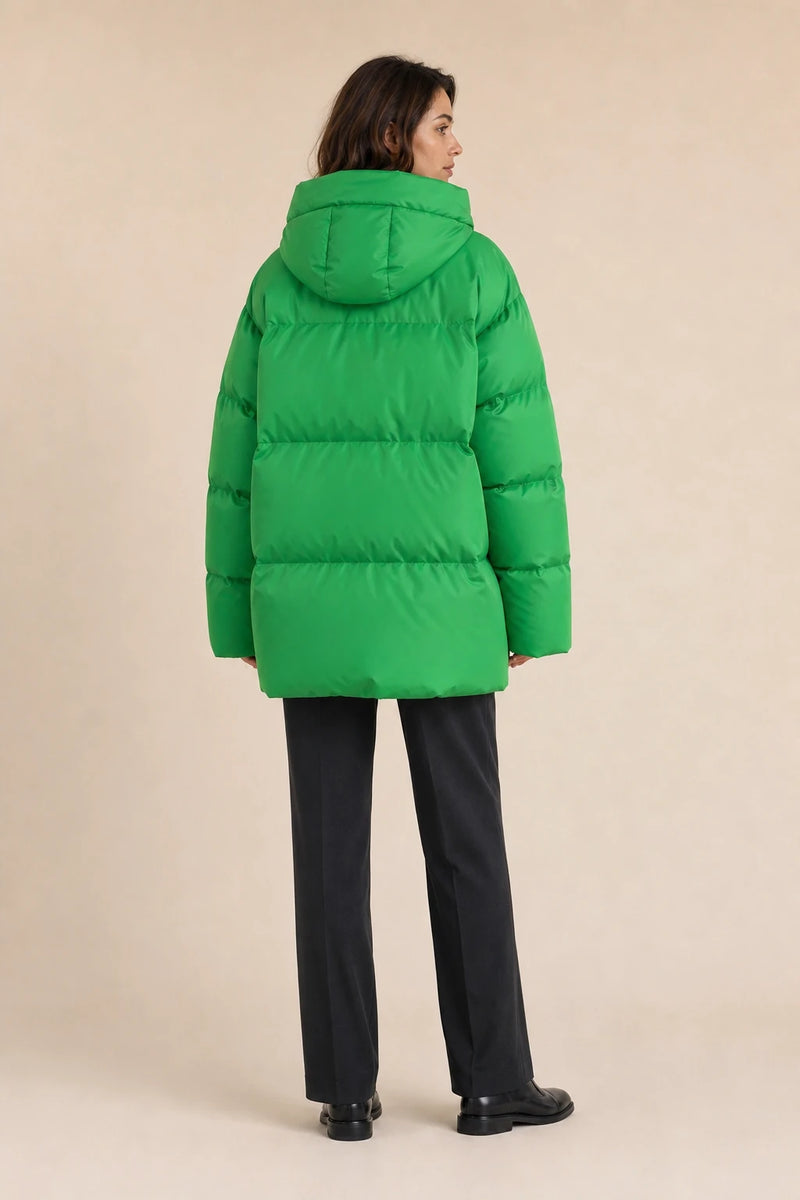 Tara | Oversized Puffer Jacket in Green, studio back view
