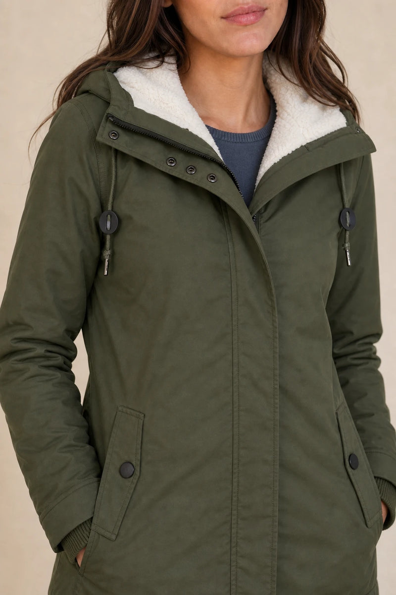Frankie | Hooded Fleece-Lined Coat in Green, fabric close-up