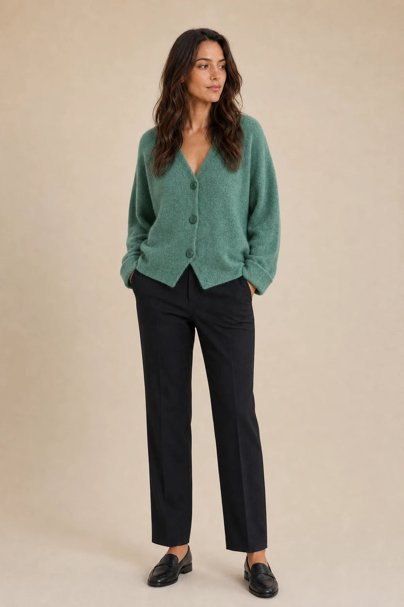 Ramona | Button-Front Cardigan in Green, studio front view