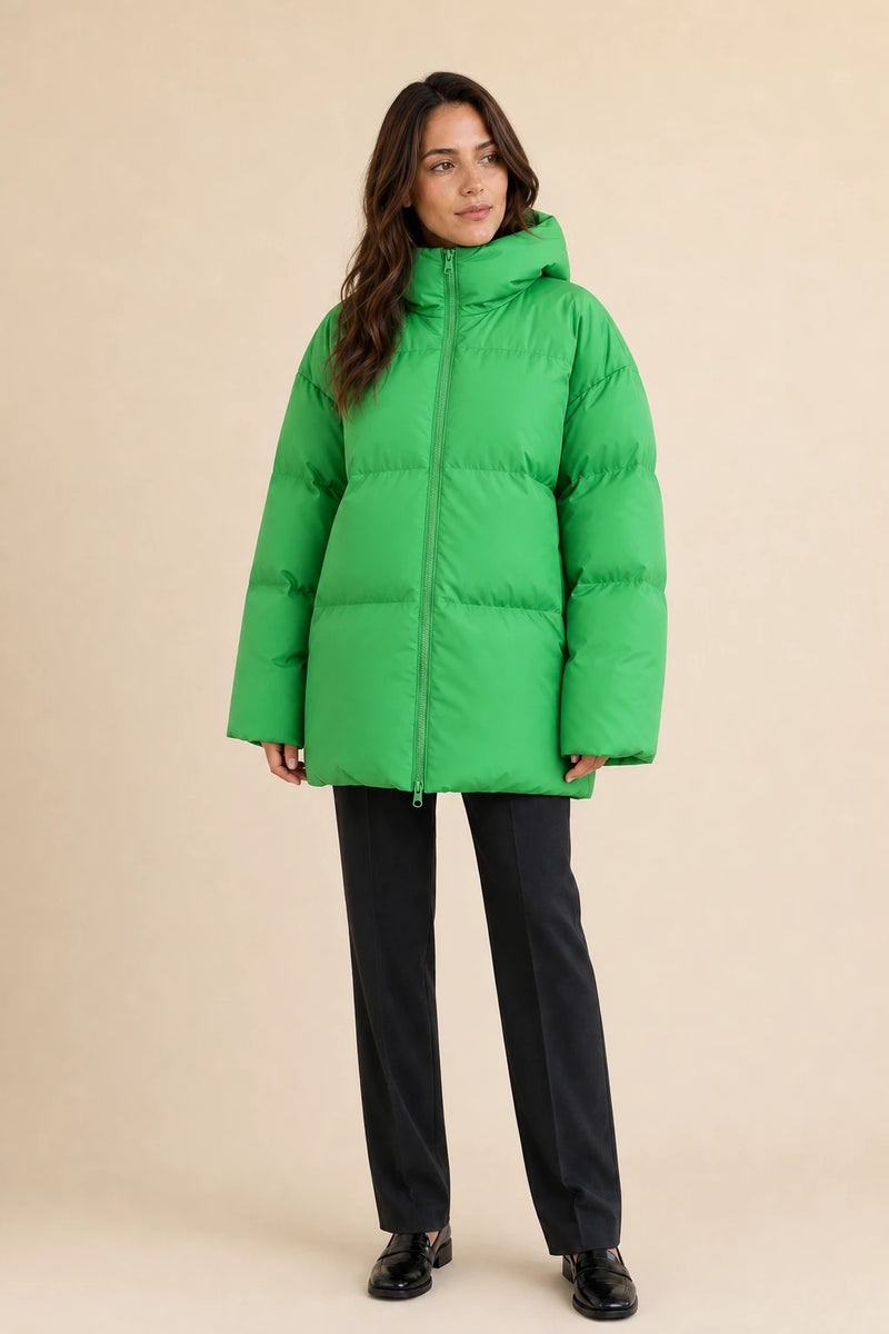 Tara | Oversized Puffer Jacket in Green, studio front view
