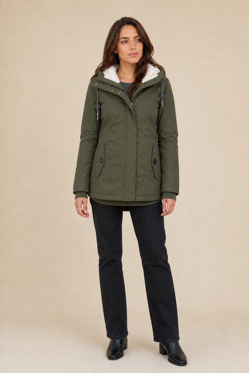 Frankie | Hooded Fleece-Lined Coat in Green, studio front view